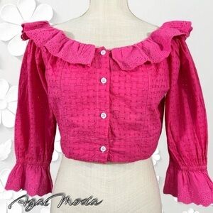 TALITA KUME hot pink 1/4 sleeves cropped eyelet top